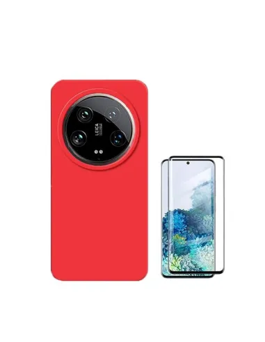 Kit Vidro Temperado Curved + Capa Silicone Líquido  para Xiaomi 14 Ultra - Vermelho