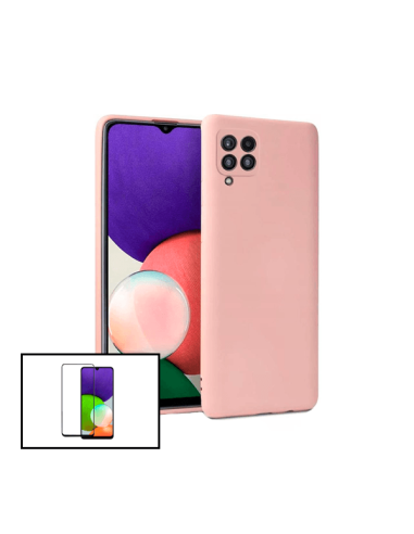 Kit Película de Vidro Temperado 5D Full Cover + Capa Silicone Líquido para Samsung Galaxy M22 - Rosa