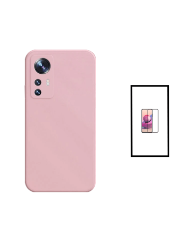 Kit Película de Vidro Temperado 5D Full Cover + Capa Silicone Líquido para Xiaomi 12T Pro - Rosa