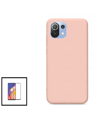 Kit Película de Vidro Temperado 5D Full Cover + Capa Silicone Líquido para Xiaomi Mi 11 Lite 5G - Rosa