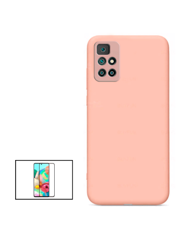 Kit Película de Vidro Temperado 5D Full Cover + Capa Silicone Líquido para Xiaomi Poco M4 Pro 5G - Rosa