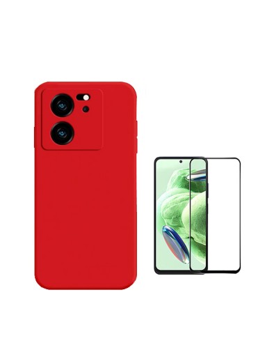 Kit Película de Vidro Temperado 5D Full Cover + Capa Silicone Líquido Phonecare para Xiaomi 13T Pro - Vermelho