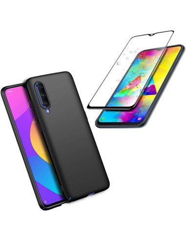 Kit Película de Vidro Temperado 5D Full Cover + Capa Silicone Líquido Preto para Xiaomi Mi 9 Lite