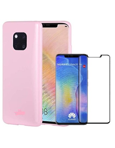 Kit Película de Vidro Temperado 5D Full Cover + Capa Silicone Líquido Rosa para Huawei Mate 20 Pro