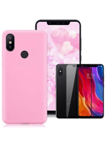 Kit Película de Vidro Temperado 5D Full Cover + Capa Silicone Líquido Rosa para Xiaomi Mi 8