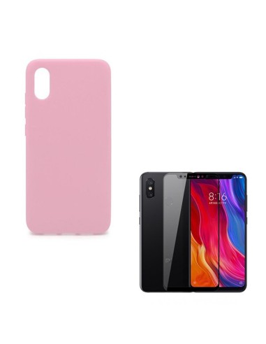 Kit Película de Vidro Temperado 5D Full Cover + Capa Silicone Líquido Rosa para Xiaomi Mi 8 Pro