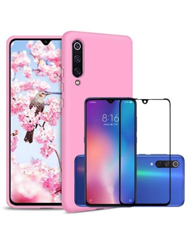 Kit Película de Vidro Temperado 5D Full Cover + Capa Silicone Líquido Rosa para Xiaomi Mi 9