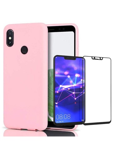 Kit Película de Vidro Temperado 5D Full Cover + Capa Silicone Líquido Rosa para Xiaomi Redmi Note 6 / Pro