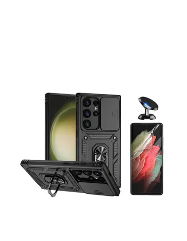 Kit Película Hydrogel Frente + Capa Magnetic Slide Window + Suporte Magnético para Samsung Galaxy S24 Ultra 5G - Preto