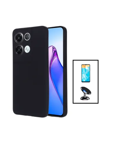 Kit Película Hydrogel Frente + Capa Silicone Líquido + Suporte Magnético para Oppo Reno8 Pro 5G - Preto