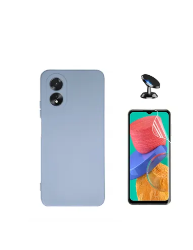 Kit Película Hydrogel Frente + Capa Silicone Líquido + Suporte Magnético para Oppo A38 4G - Azul Claro