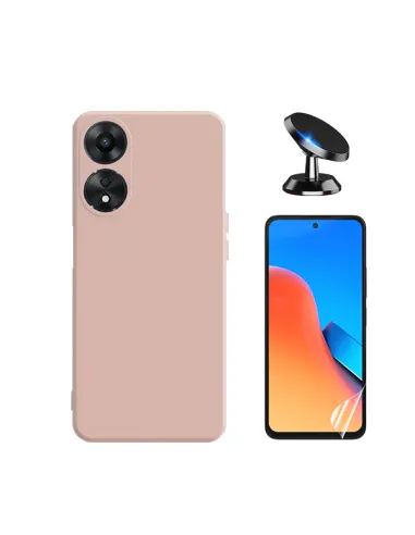 Kit Película Hydrogel Frente + Capa Silicone Líquido + Suporte Magnético para Oppo A58 4G - Rosa