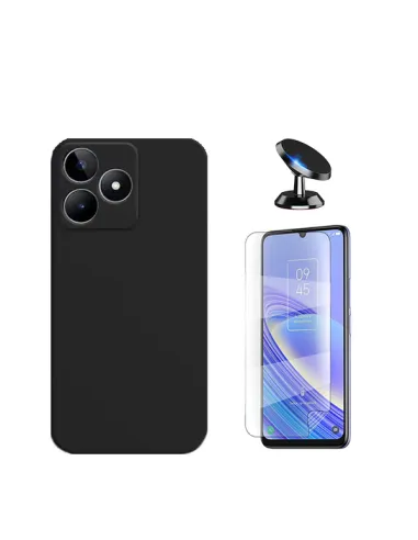 Kit Película Hydrogel Frente + Capa Silicone Líquido + Suporte Magnético para Realme C53 - Preto