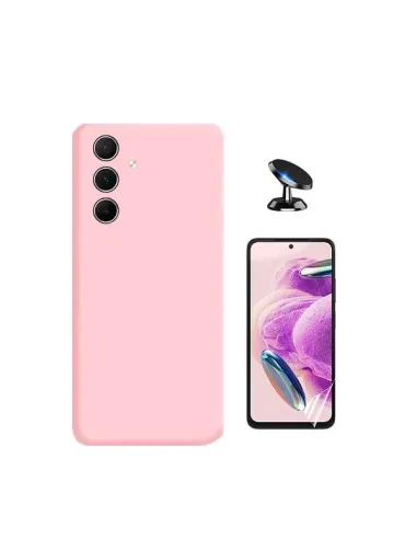 Kit Película Hydrogel Frente + Capa Silicone Líquido + Suporte Magnético para Samsung Galaxy A35 5G - Rosa