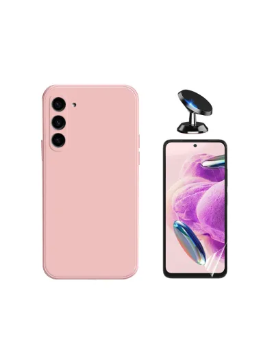 Kit Película Hydrogel Frente + Capa Silicone Líquido + Suporte Magnético para Samsung Galaxy S24 5G - Rosa