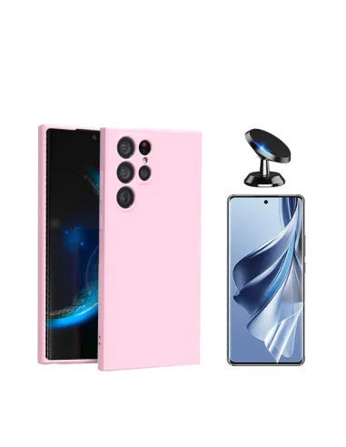 Kit Película Hydrogel Frente + Capa Silicone Líquido + Suporte Magnético para Samsung Galaxy S24 Ultra 5G - Rosa