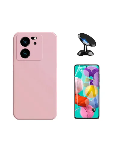 Kit Película Hydrogel Frente + Capa Silicone Líquido + Suporte Magnético para Xiaomi 13T - Rosa