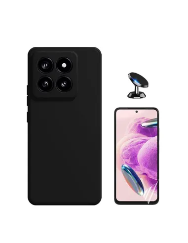 Kit Película Hydrogel Frente + Capa Silicone Líquido + Suporte Magnético para Xiaomi 14 - Preto