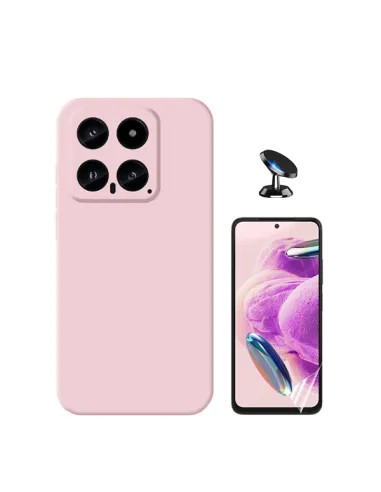 Kit Película Hydrogel Frente + Capa Silicone Líquido + Suporte Magnético para Xiaomi 14 - Rosa