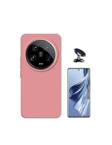 Kit Película Hydrogel Frente + Capa Silicone Líquido + Suporte Magnético para Xiaomi 14 Ultra - Rosa