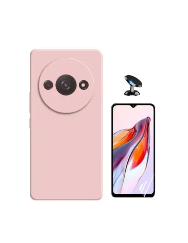 Kit Película Hydrogel Frente + Capa Silicone Líquido + Suporte Magnético para Xiaomi Redmi A3 - Rosa