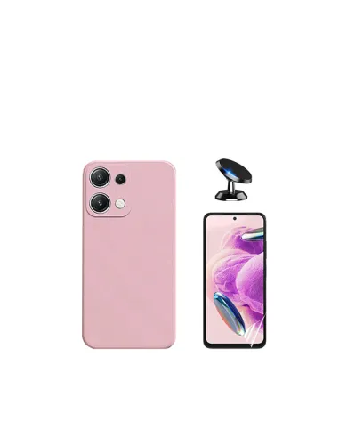 Kit Película Hydrogel Frente + Capa Silicone Líquido + Suporte Magnético para Xiaomi Redmi Note 13 4G - Rosa