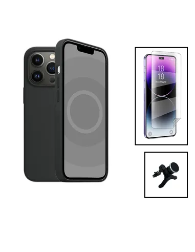 Kit Película Hydrogel Frente + Capa Silicone Líquido + Suporte Magnético Reforçado para Apple iPhone 15 - Preto