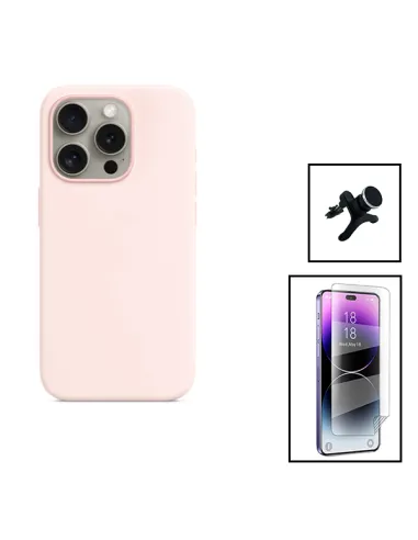 Kit Película Hydrogel Frente + Capa Silicone Líquido + Suporte Magnético Reforçado para Apple iPhone 15 - Rosa