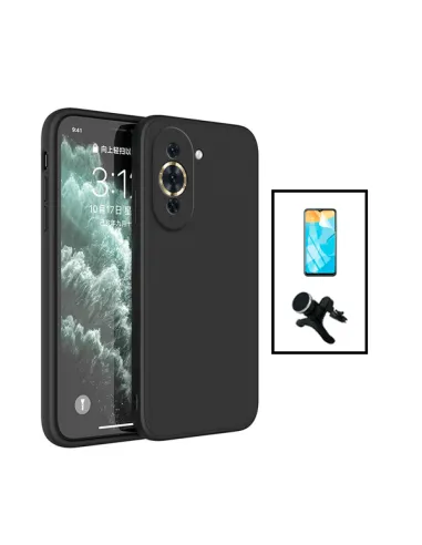 Kit Película Hydrogel Frente + Capa Silicone Líquido + Suporte Magnético Reforçado para Huawei Nova 10 - Preto