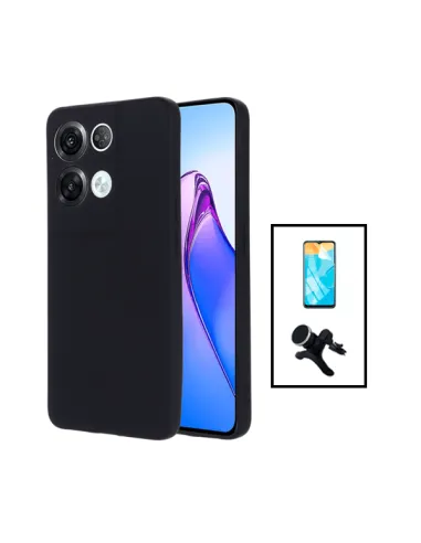 Kit Película Hydrogel Frente + Capa Silicone Líquido + Suporte Magnético Reforçado para Oppo Reno8 Pro 5G - Preto