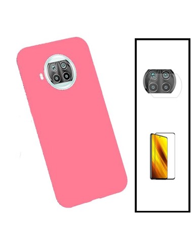 Kit Película de Vidro Temperado 5D Full Cover + Película de Câmara Traseira + Capa Silicone Líquido para Xiaomi Mi 10i - Rosa