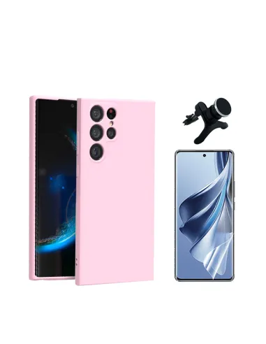 Kit Película Hydrogel Frente + Capa Silicone Líquido + Suporte Magnético Reforçado  para Samsung Galaxy S24 Ultra 5G - Rosa