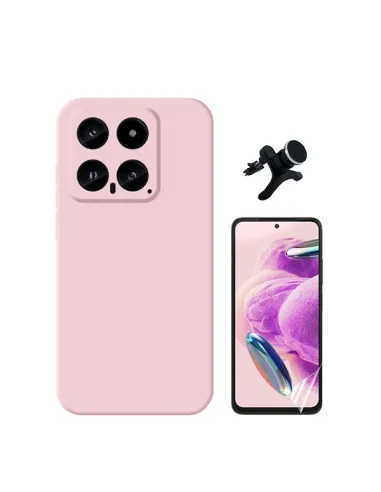 Kit Película Hydrogel Frente + Capa Silicone Líquido + Suporte Magnético Reforçado  para Xiaomi 14 - Rosa