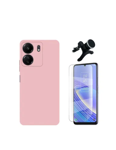 Kit Película Hydrogel Frente + Capa Silicone Líquido + Suporte Magnético Reforçado  para Xiaomi Redmi 13C - Rosa