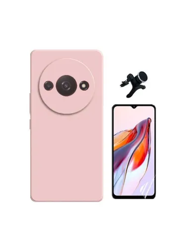 Kit Película Hydrogel Frente + Capa Silicone Líquido + Suporte Magnético Reforçado  para Xiaomi Redmi A3 - Rosa