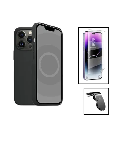 Kit Película Hydrogel Frente + Capa Silicone Líquido + Suporte Magnético L para Apple iPhone 15 - Preto