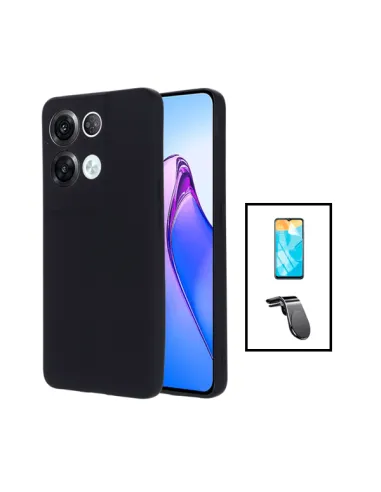 Kit Película Hydrogel Frente + Capa Silicone Líquido + Suporte Magnético L para Oppo Reno8 Pro 5G - Preto