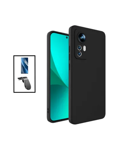 Kit Película Hydrogel Frente + Capa Silicone Líquido + Suporte Magnético L para Xiaomi 12S Pro - Preto