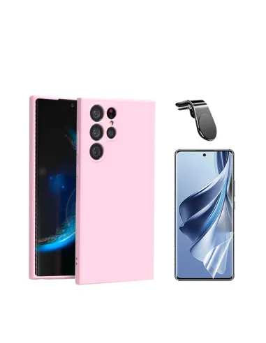 Kit Película Hydrogel Frente + Capa Silicone Líquido + Suporte Magnético L  para Samsung Galaxy S24 Ultra 5G - Rosa