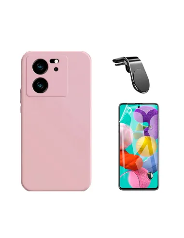 Kit Película Hydrogel Frente + Capa Silicone Líquido + Suporte Magnético L  para Xiaomi 13T - Rosa