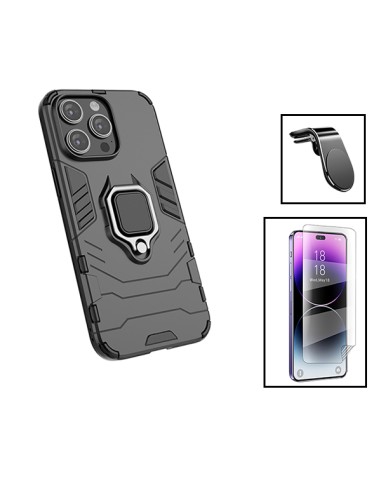 Kit Película Hydrogel Full Cover Frente + Capa 3X1 Military Defender + Suporte Magnético L Safe Driving Carro para Apple iPhone 