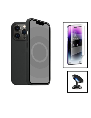 Kit Película Hydrogel Full Cover Frente + Capa Silicone Líquido + Suporte Magnético de Carro para Apple iPhone 15 Pro Max - Pret