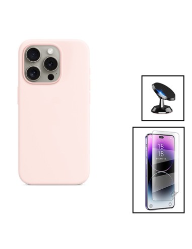 Kit Película Hydrogel Full Cover Frente + Capa Silicone Líquido + Suporte Magnético de Carro para Apple iPhone 15 Pro Max - Rosa