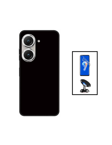 Kit Película Hydrogel Full Cover Frente + Capa Silicone Líquido + Suporte Magnético de Carro para Asus Zenfone 9 - Preto