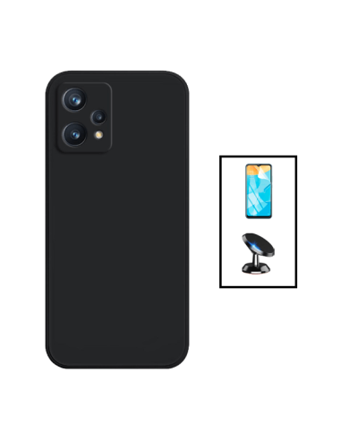 Kit Película Hydrogel Full Cover Frente + Capa Silicone Líquido + Suporte Magnético de Carro para Realme 9 5G - Preto