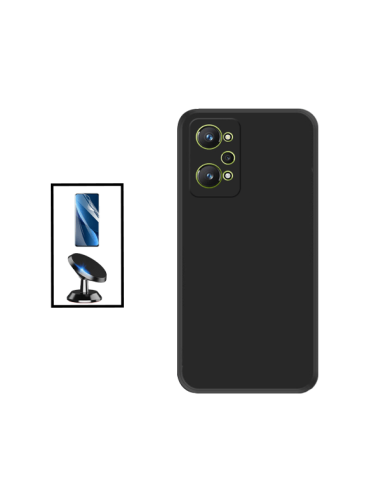 Kit Película Hydrogel Full Cover Frente + Capa Silicone Líquido + Suporte Magnético de Carro para Realme GT2 - Preto