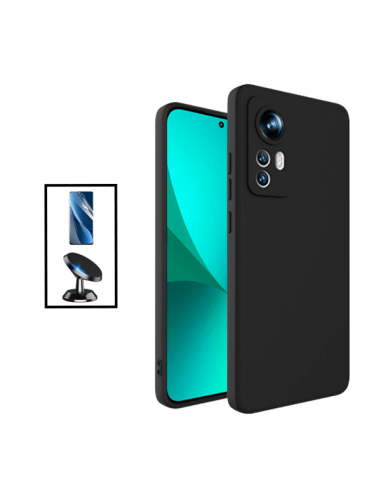 Kit Película Hydrogel Full Cover Frente + Capa Silicone Líquido + Suporte Magnético de Carro para Xiaomi 12S - Preto