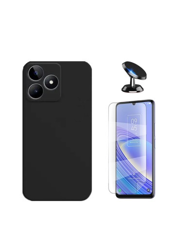 Kit Película Hydrogel Full Cover Frente + Capa Silicone Líquido + Suporte Magnético de Carro Phonecare para Realme C53 - Preto