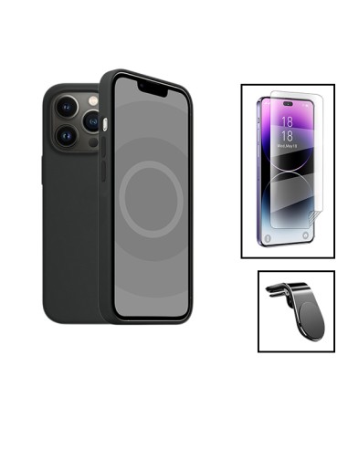 Kit Película Hydrogel Full Cover Frente + Capa Silicone Líquido + Suporte Magnético L Safe Driving Carro para Apple iPhone 15 Pl