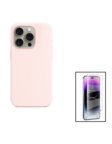 Kit Película Hydrogel Full Cover Frente + Capa Silicone Líquido para Apple iPhone 15 Plus - Rosa